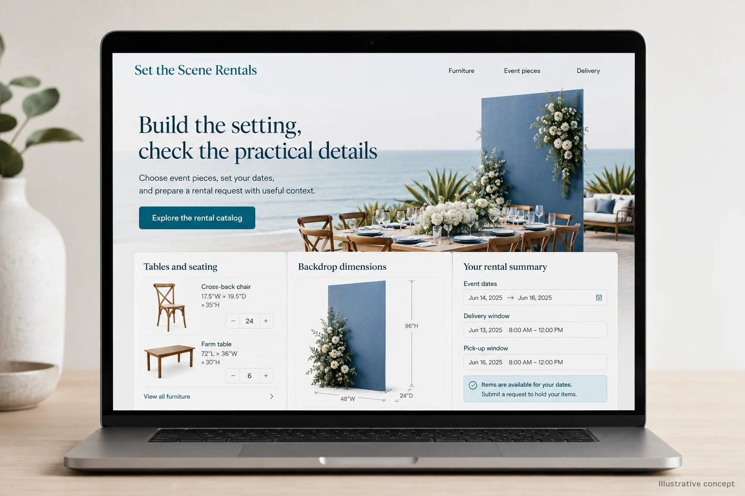 Party Rental Companies website concept for Set the Scene Rentals: Build the setting, check the practical details