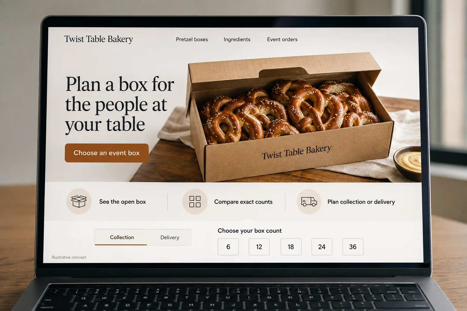 Pennsylvania website concept for Twist Table Bakery: Plan a box for the people at your table