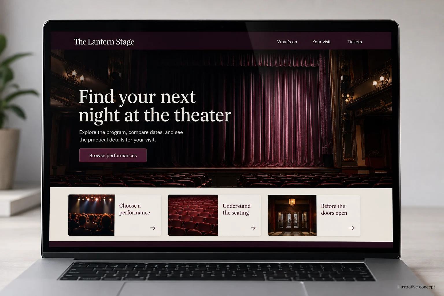 Performing Arts Venues website concept for The Lantern Stage: Find your next night at the theater