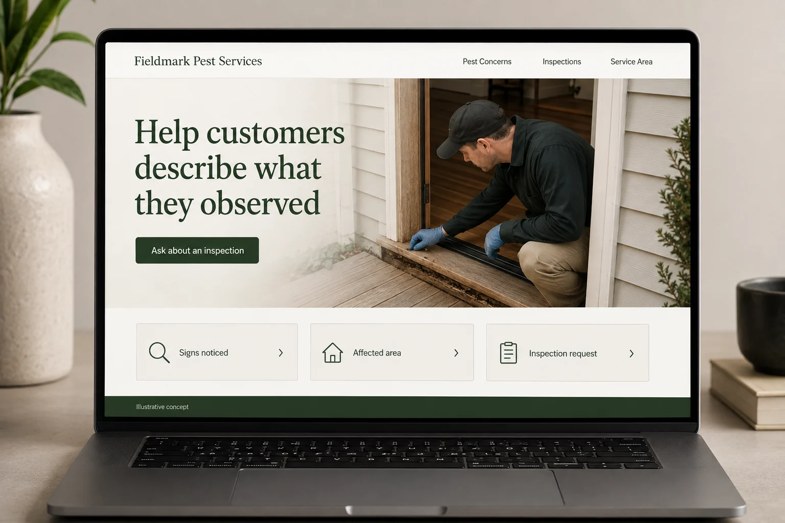 Pest Control website concept for Fieldmark Pest Services: Help customers describe what they observed