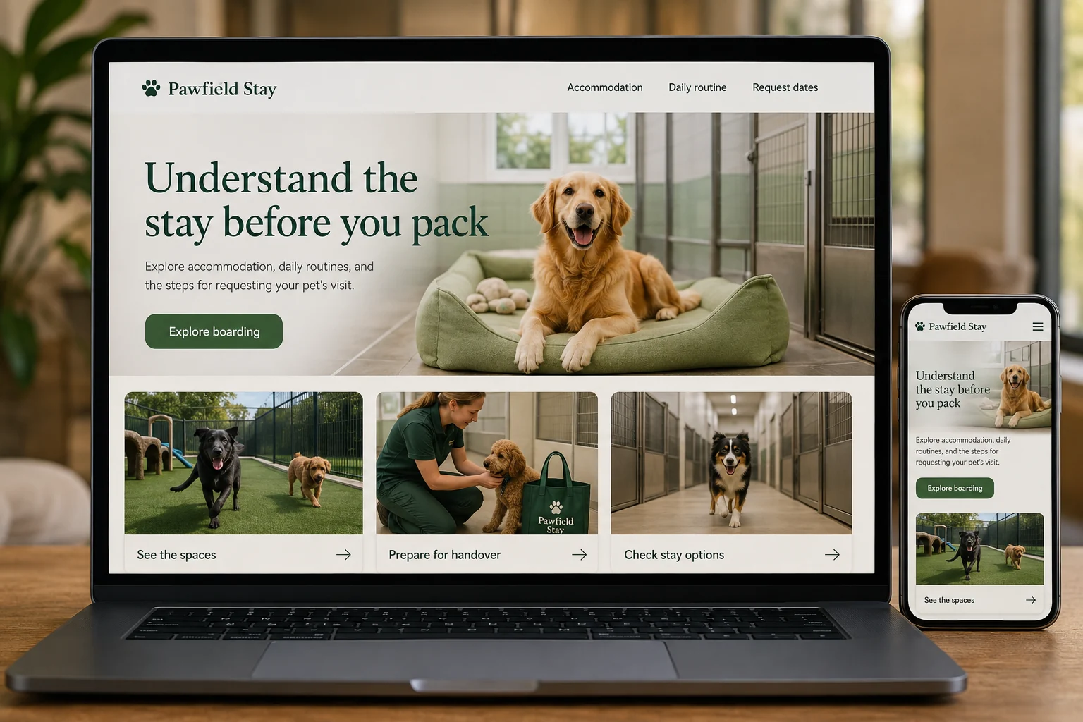 Pet Boarding Facilities website concept for Pawfield Stay: Understand the stay before you pack
