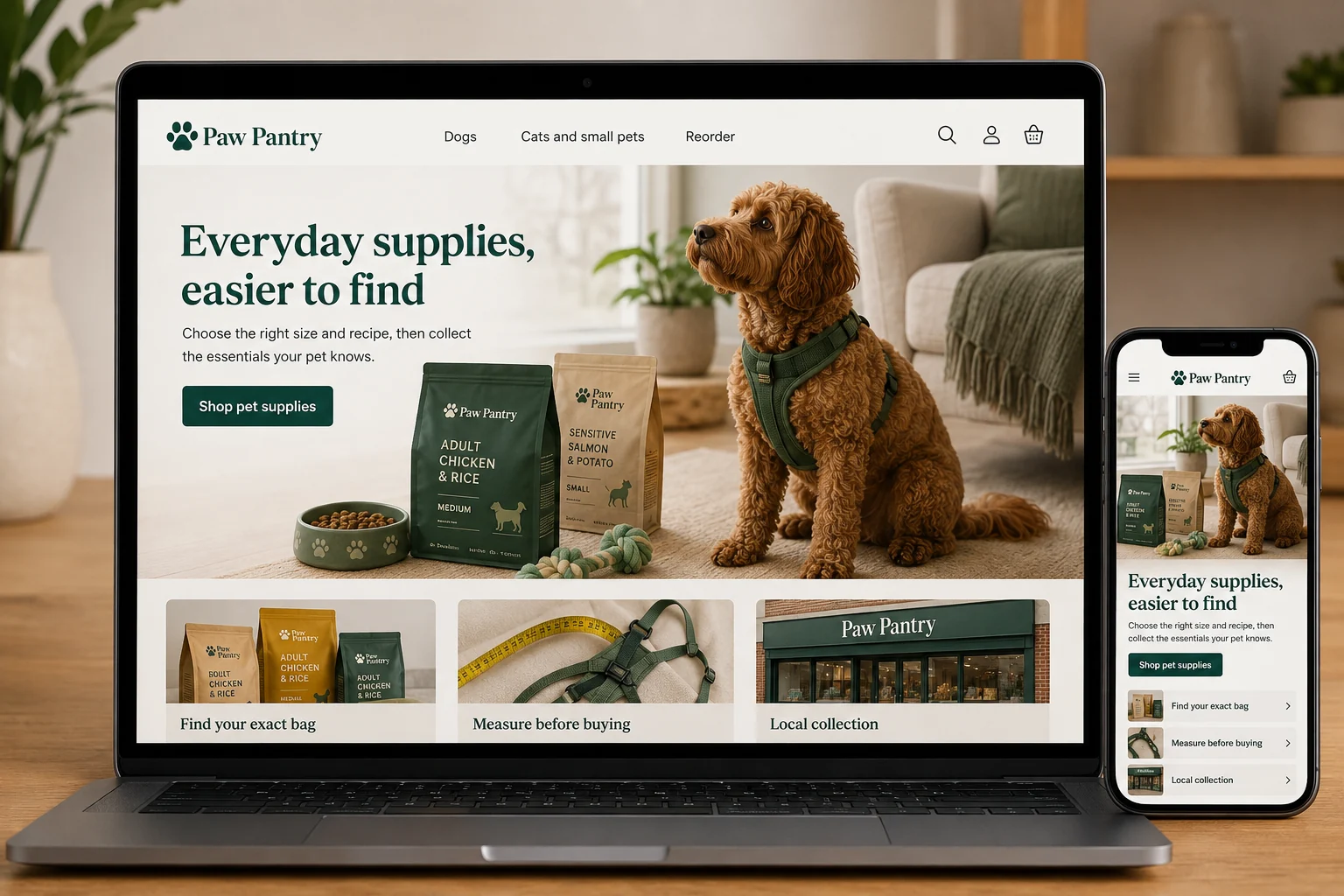 Pet Supply Stores website concept for Paw Pantry: Everyday supplies, easier to find