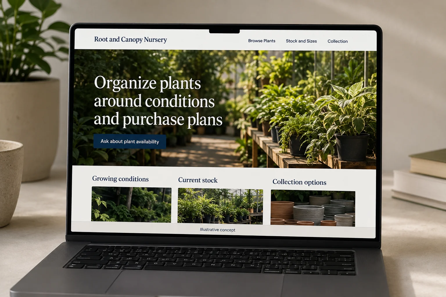 Plant Nurseries website concept for Root and Canopy Nursery: Organize plants around conditions and purchase plans