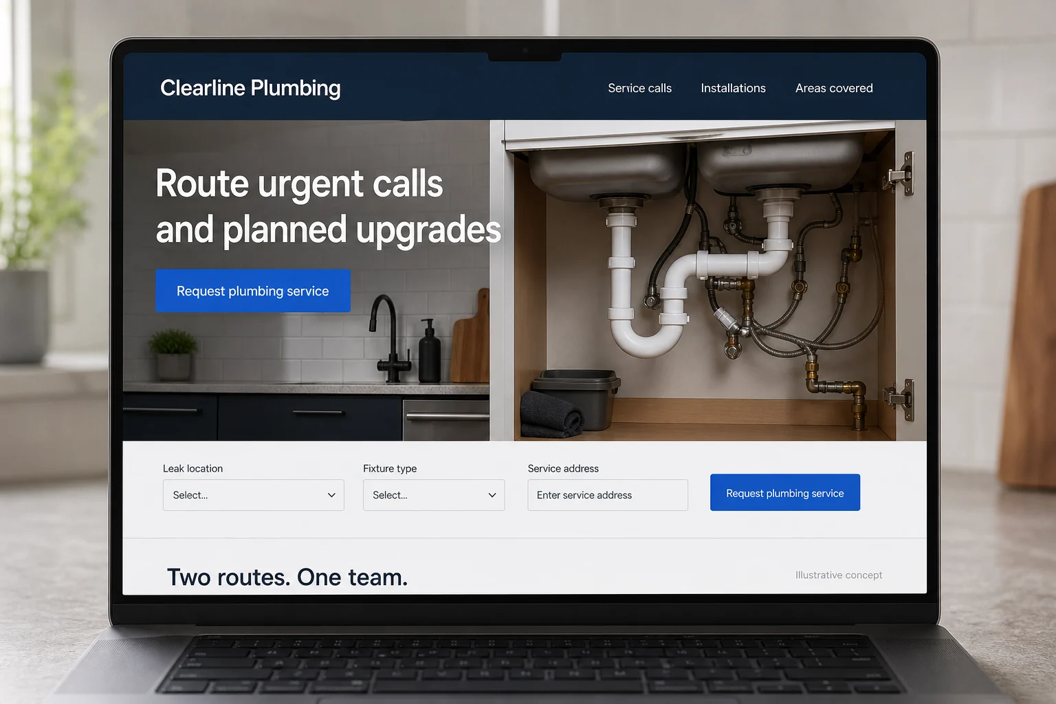 Plumbing website concept for Clearline Plumbing: Route urgent calls and planned upgrades