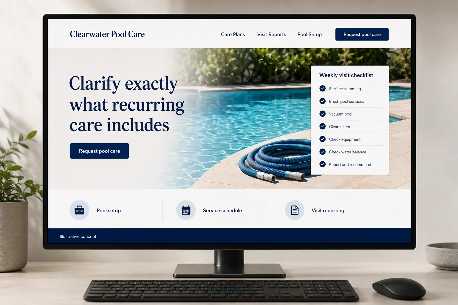 Pool Maintenance website concept for Clearwater Pool Care: Clarify exactly what recurring care includes