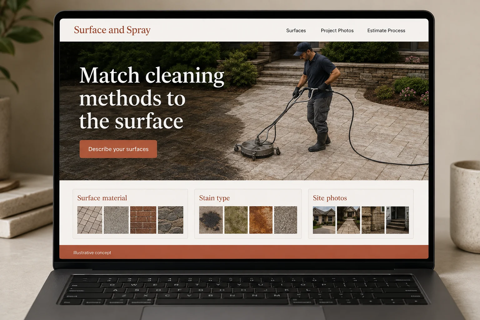 Pressure Washing website concept for Surface and Spray: Match cleaning methods to the surface