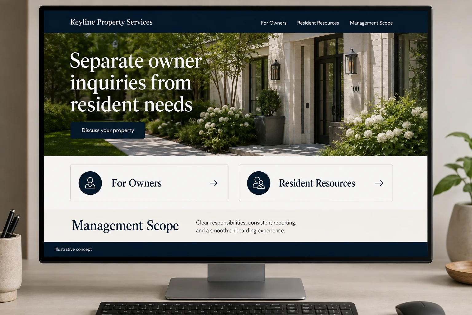 Property Management website concept for Keyline Property Services: Separate owner inquiries from resident needs