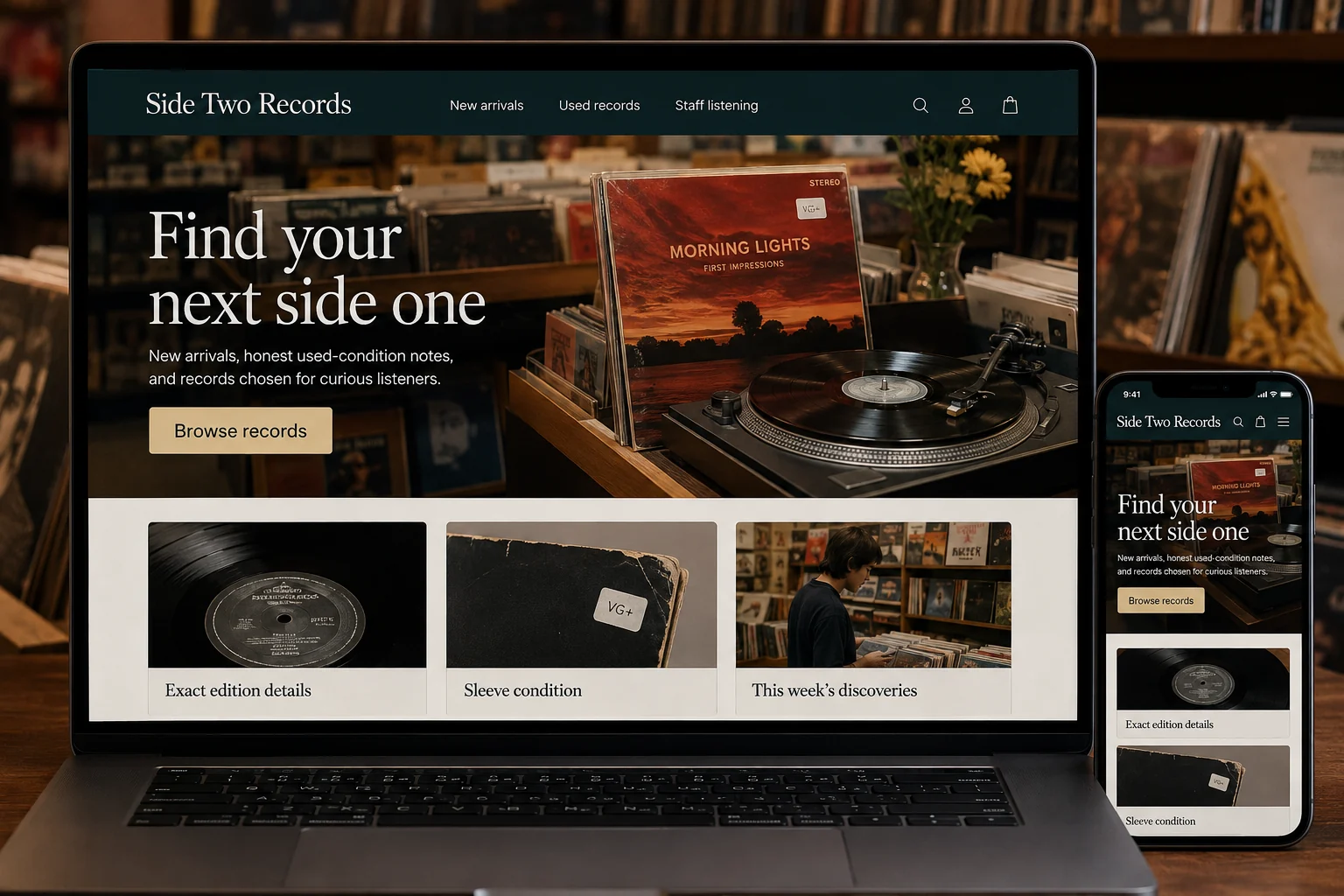 Record Stores website concept for Side Two Records: Find your next side one