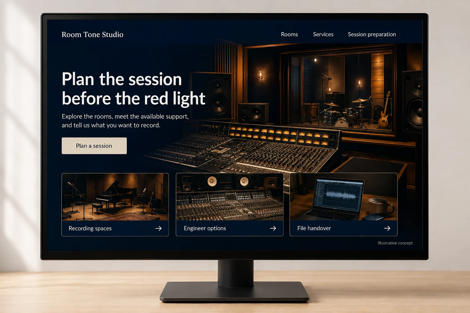 Recording Studios website concept for Room Tone Studio: Plan the session before the red light