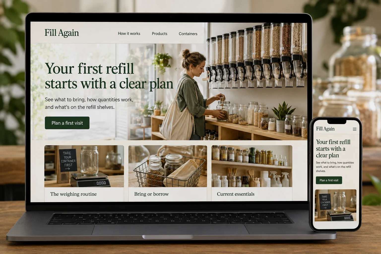 Refill Shops website concept for Fill Again: Your first refill starts with a clear plan