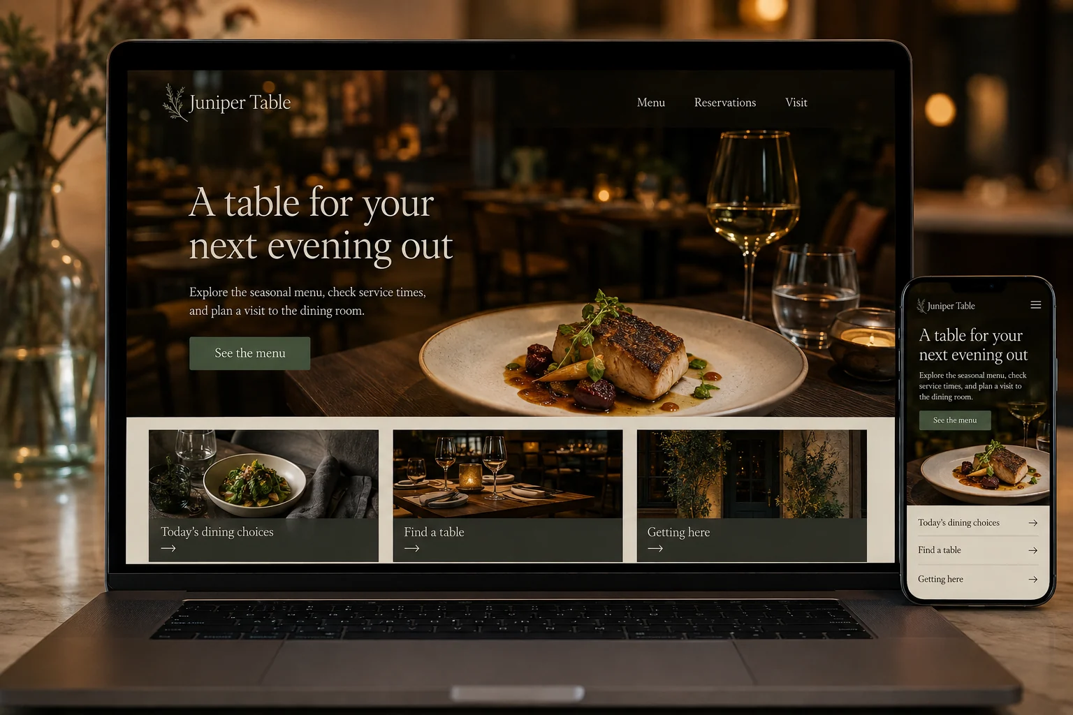 Restaurants website concept for Juniper Table: A table for your next evening out