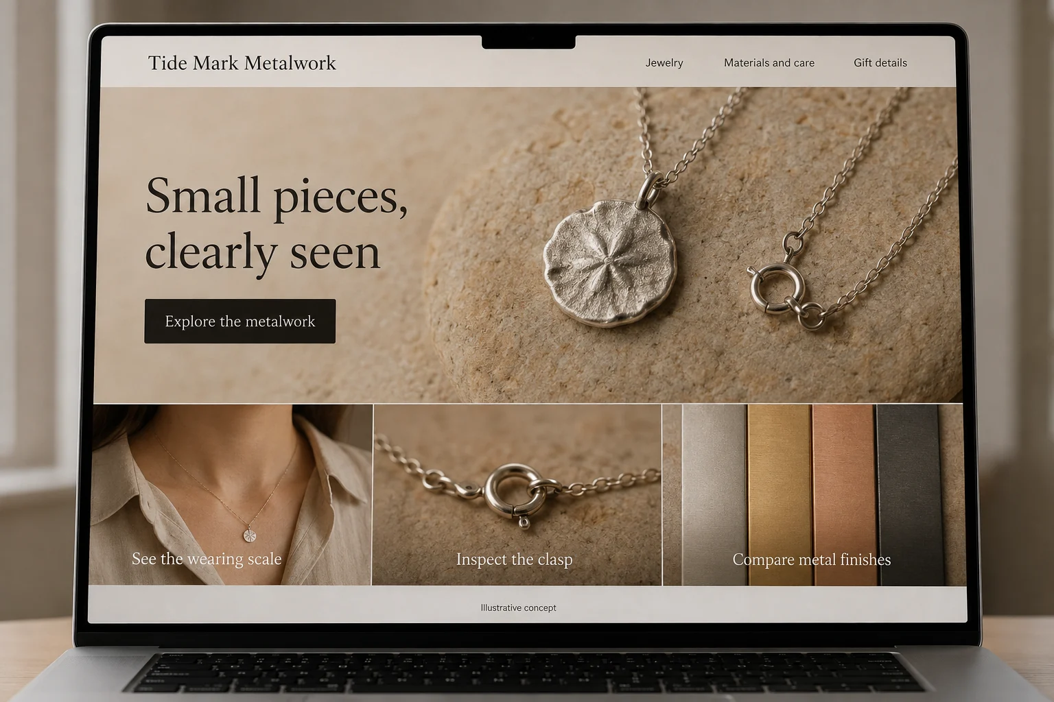 Rhode Island website concept for Tide Mark Metalwork: Small pieces, clearly seen