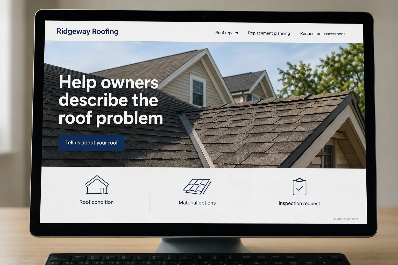 Roofing website concept for Ridgeway Roofing: Help owners describe the roof problem
