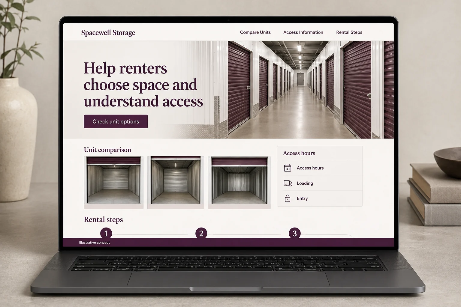 Self Storage website concept for Spacewell Storage: Help renters choose space and understand access