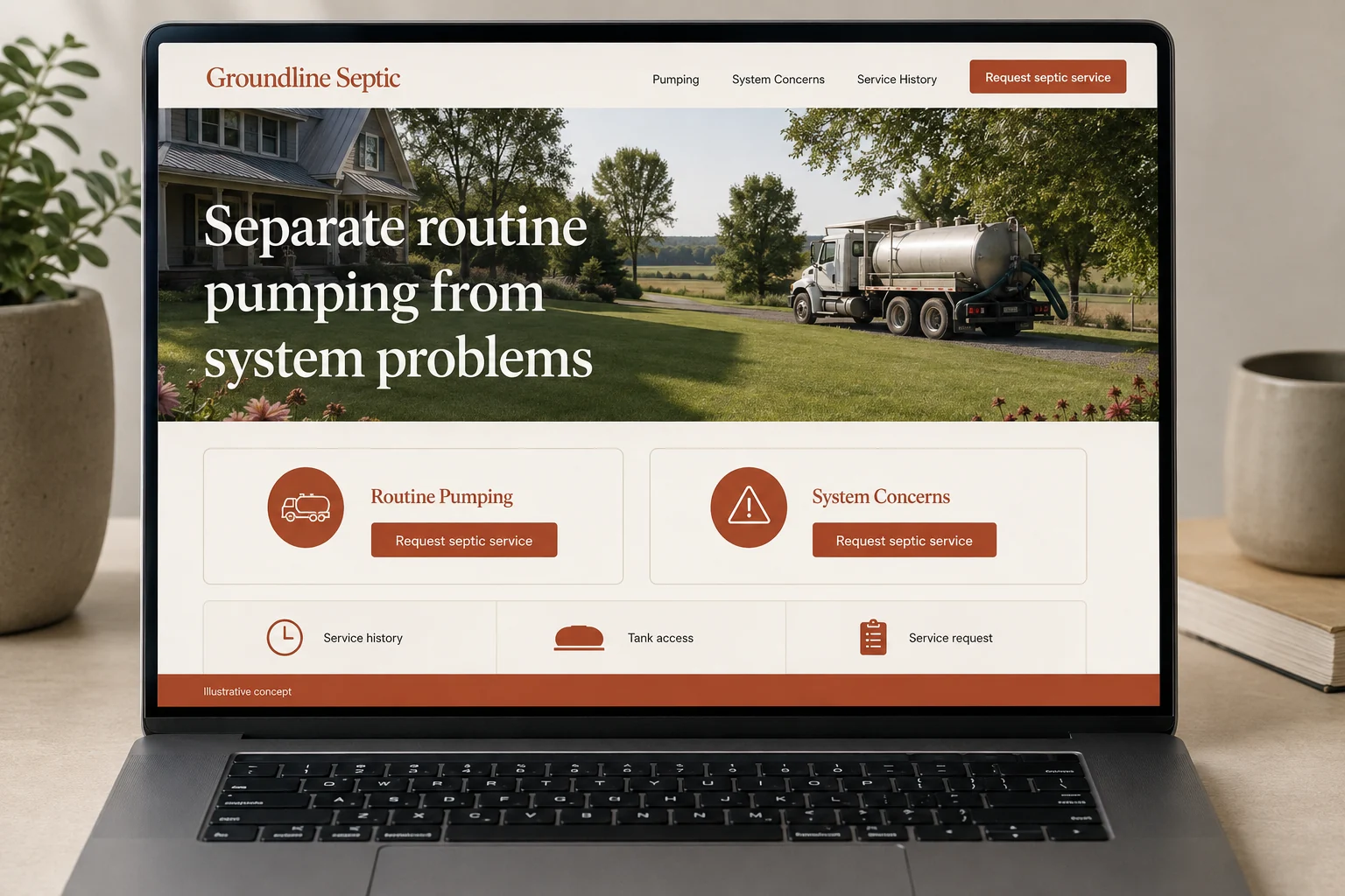Septic Services website concept for Groundline Septic: Separate routine pumping from system problems