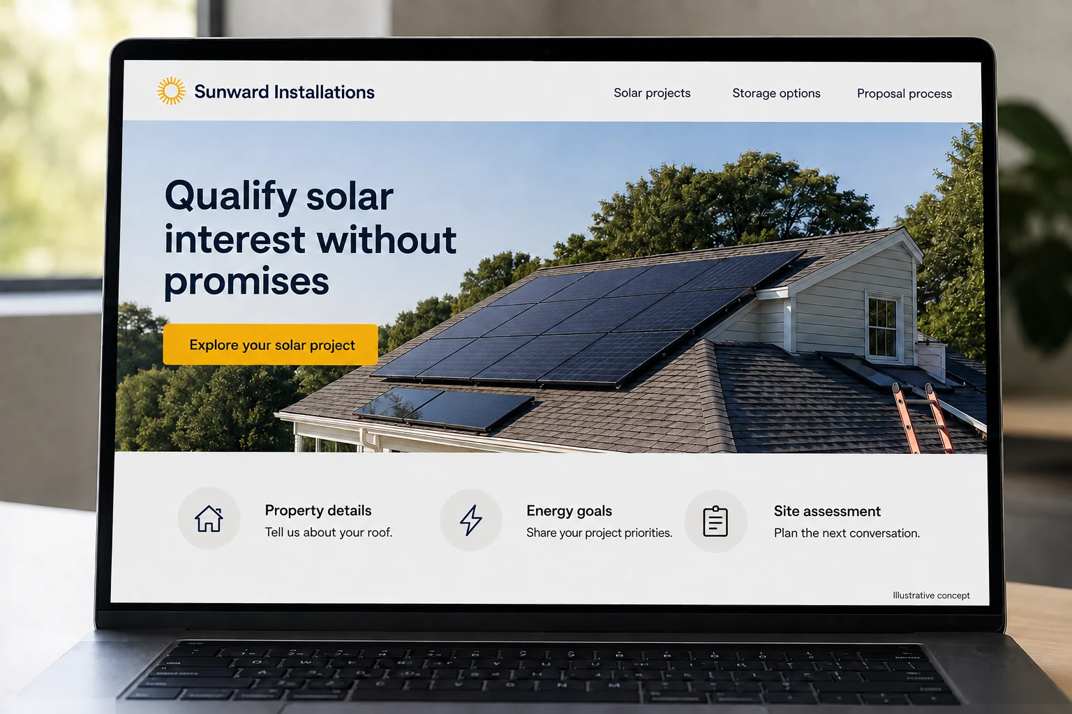 Solar Installers website concept for Sunward Installations: Qualify solar interest without promises