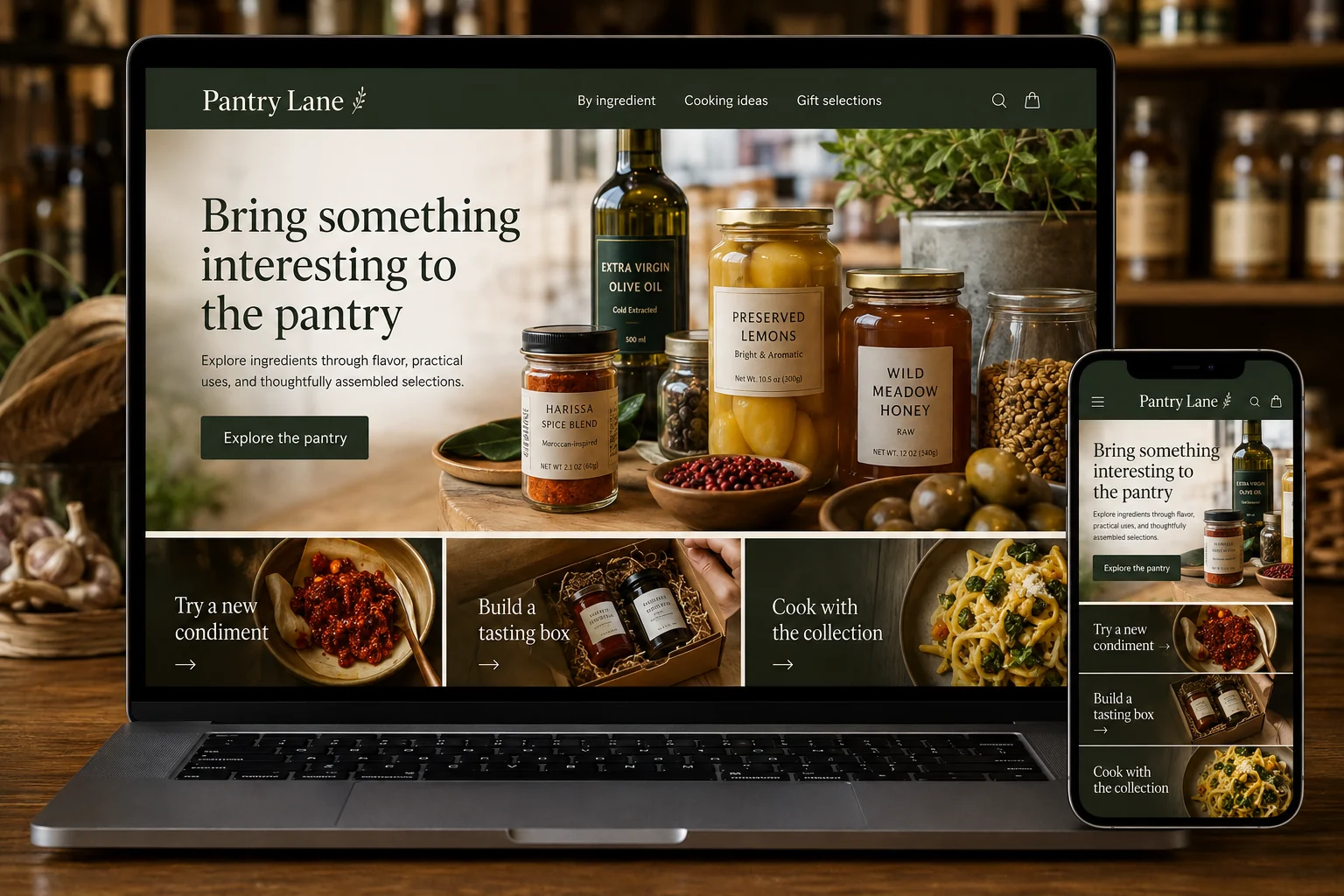 Specialty Food Stores website concept for Pantry Lane: Bring something interesting to the pantry