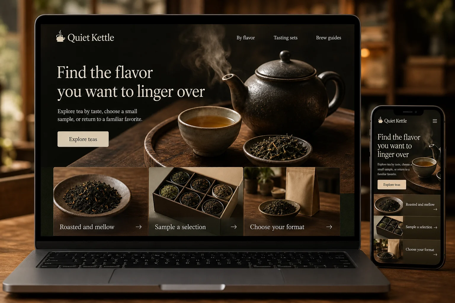 Specialty Tea Shops website concept for Quiet Kettle: Find the flavor you want to linger over