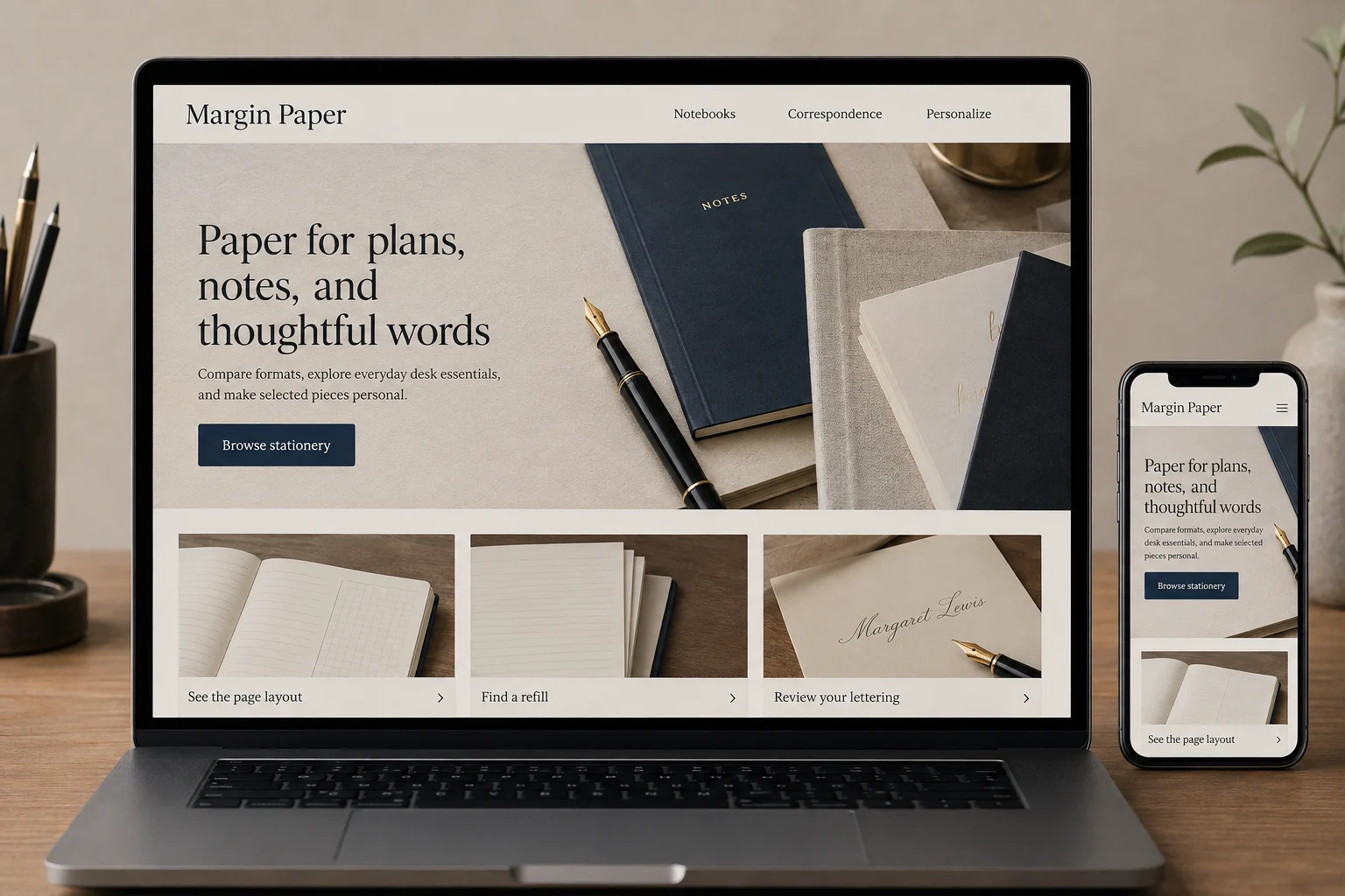 Stationery Stores website concept for Margin Paper: Paper for plans, notes, and thoughtful words