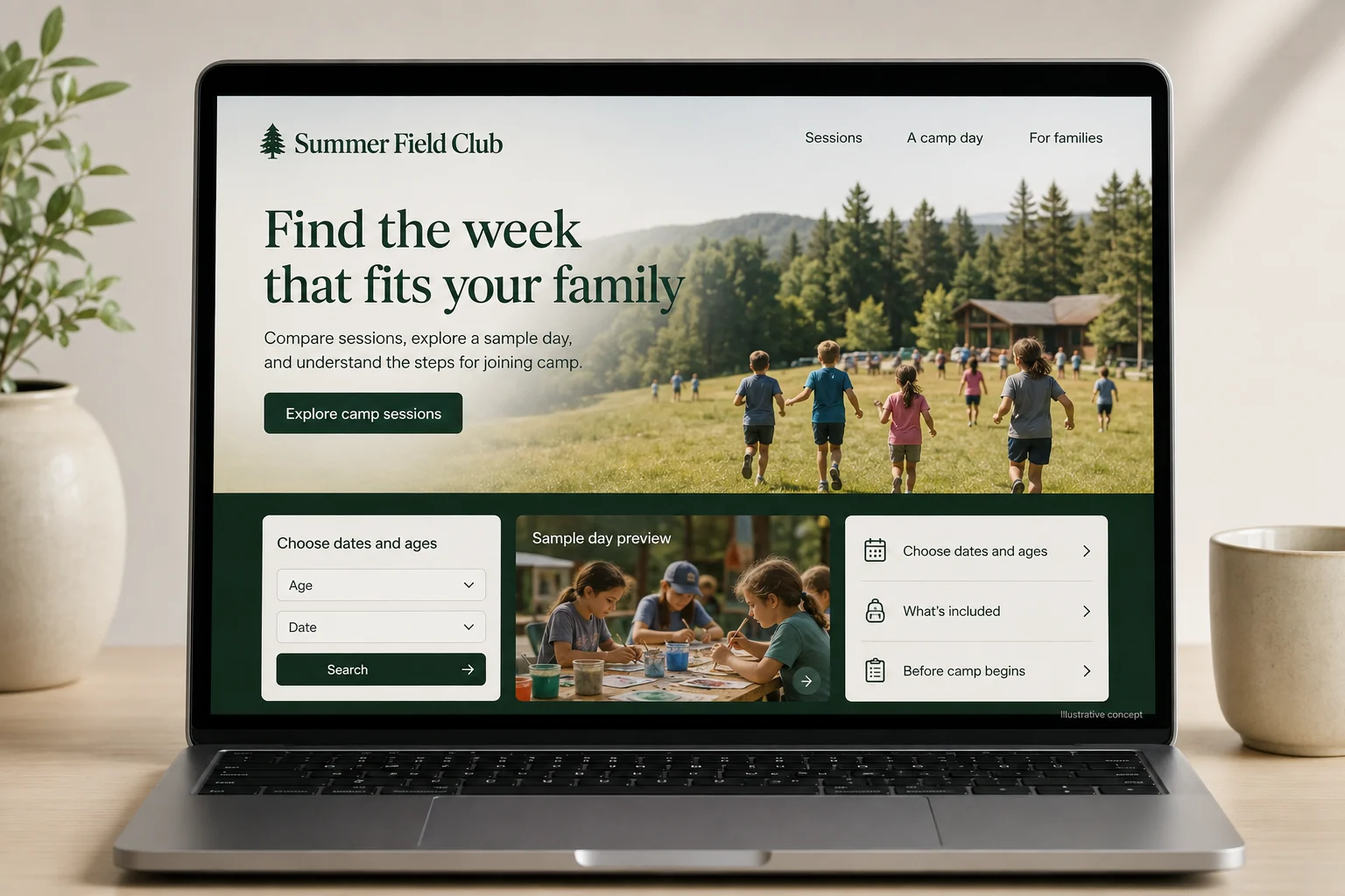 Summer Camps website concept for Summer Field Club: Find the week that fits your family