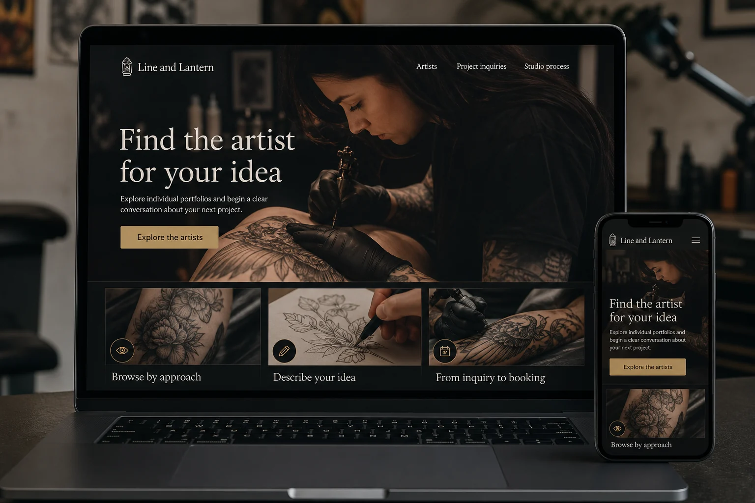 Tattoo Studios website concept for Line and Lantern: Find the artist for your idea