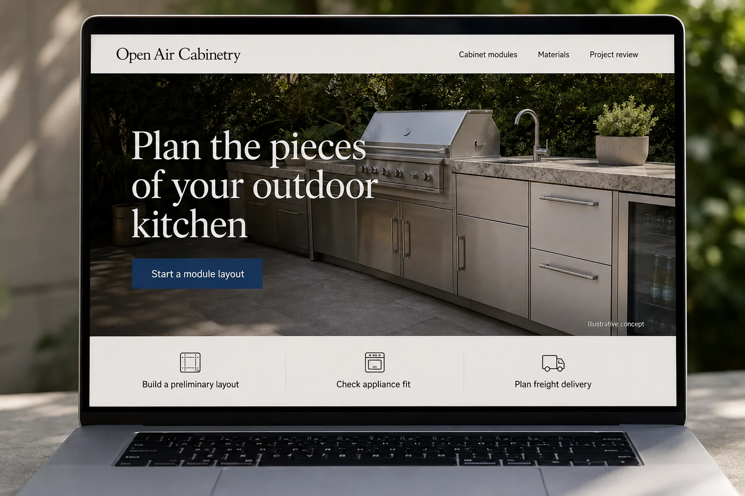 Texas website concept for Open Air Cabinetry: Plan the pieces of your outdoor kitchen