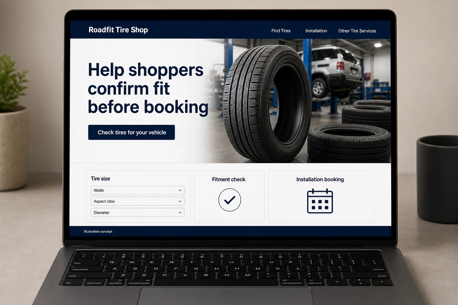 Tire Shops website concept for Roadfit Tire Shop: Help shoppers confirm fit before booking
