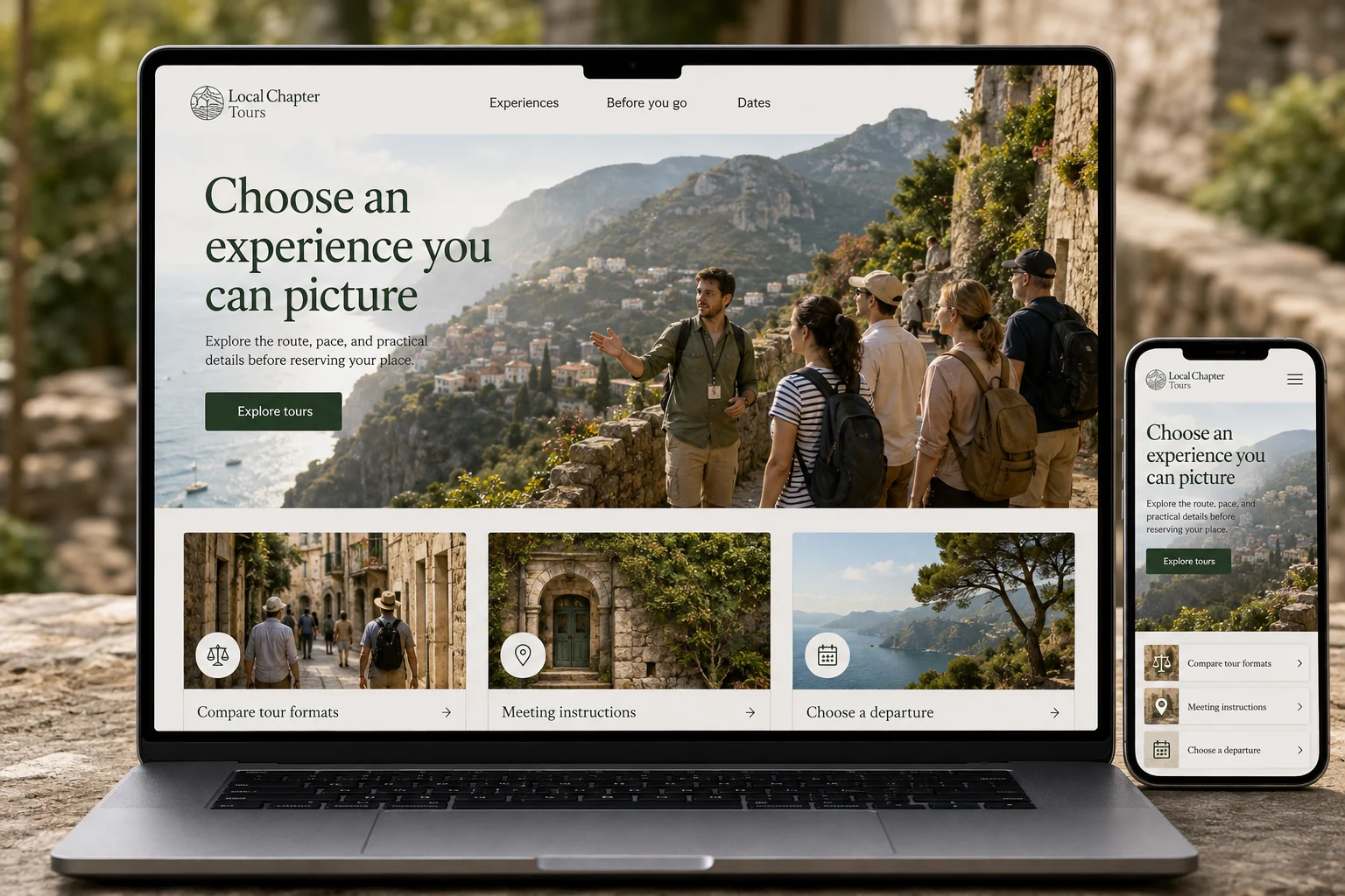 Tour Operators website concept for Local Chapter Tours: Choose an experience you can picture