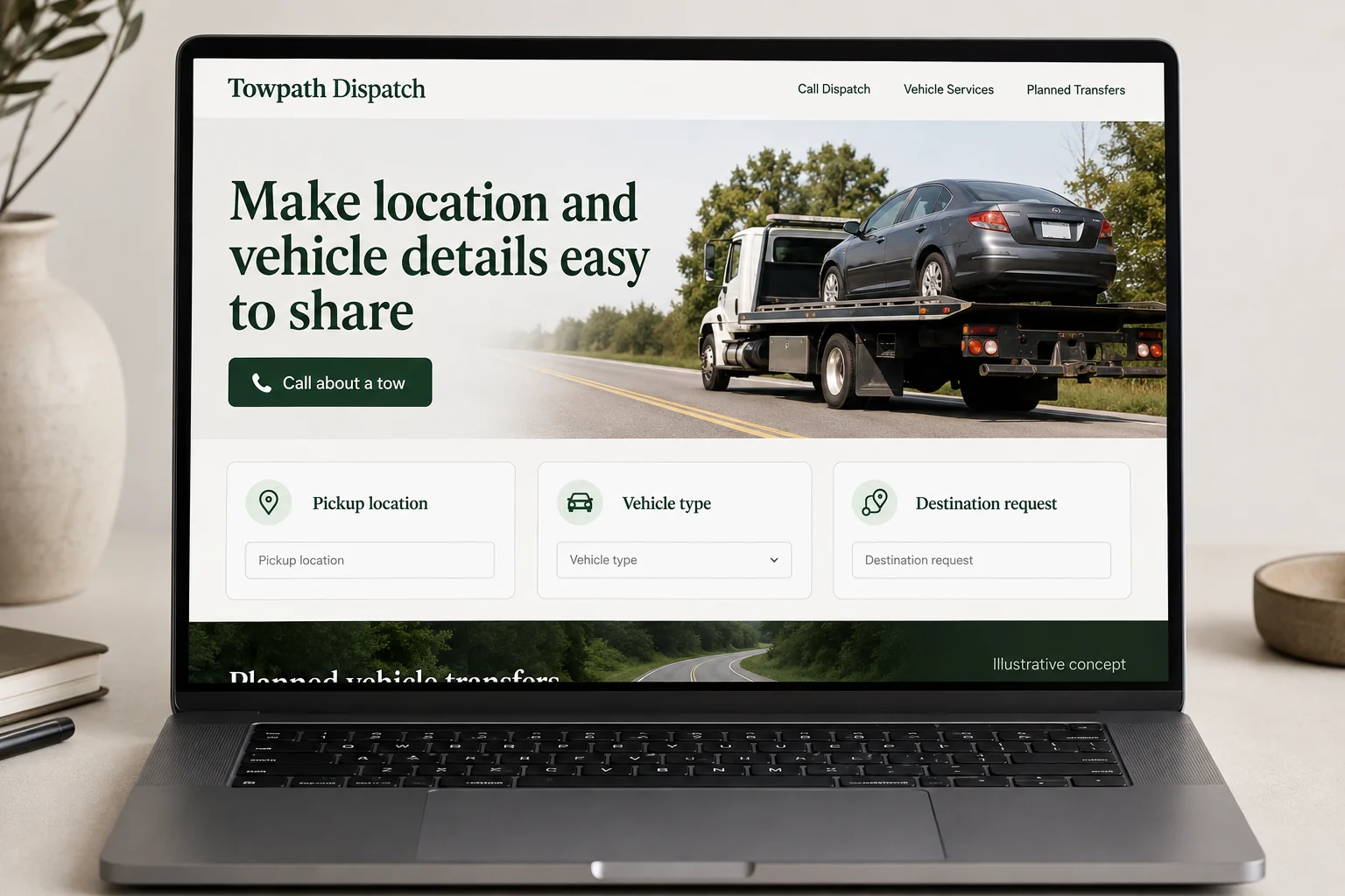 Towing website concept for Towpath Dispatch: Make location and vehicle details easy to share