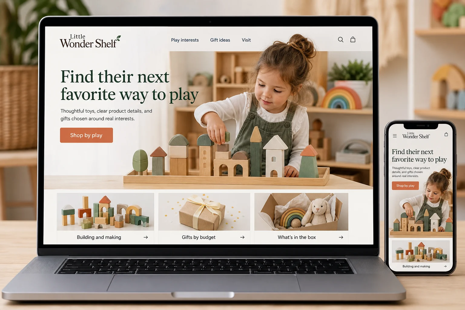 Toy Stores website concept for Little Wonder Shelf: Find their next favorite way to play