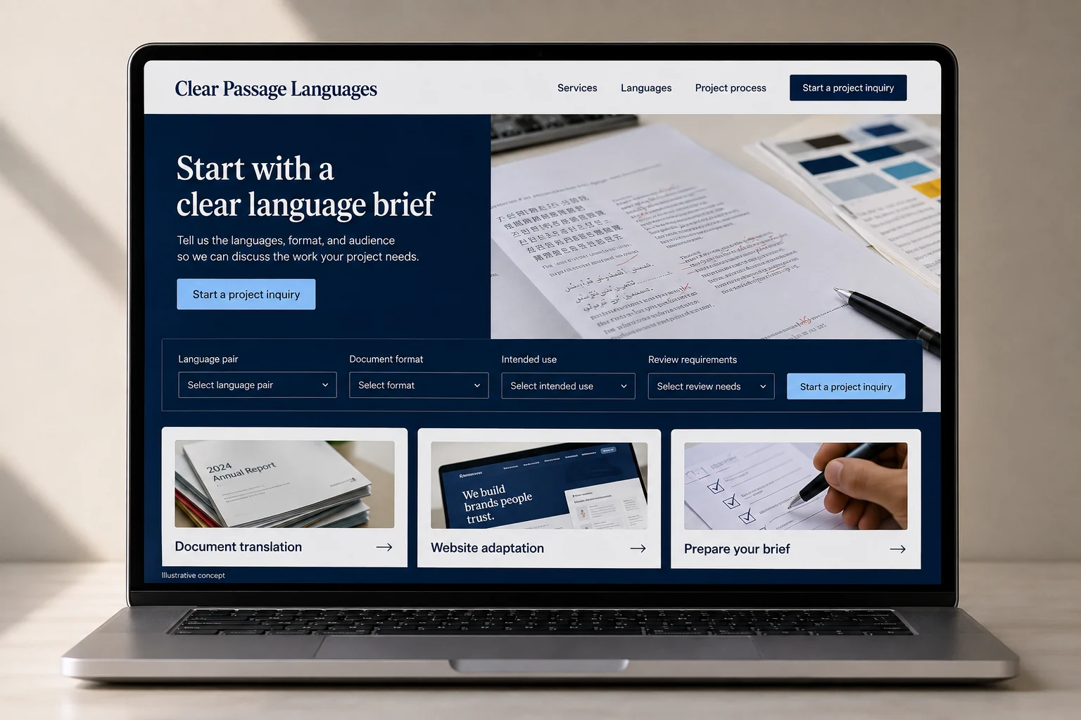 Translation Agencies website concept for Clear Passage Languages: Start with a clear language brief
