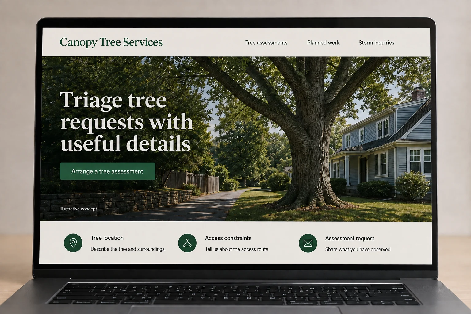 Tree Services website concept for Canopy Tree Services: Triage tree requests with useful details