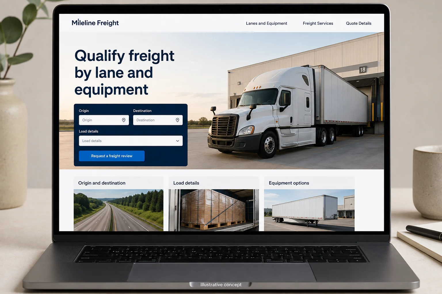 Trucking website concept for Mileline Freight: Qualify freight by lane and equipment
