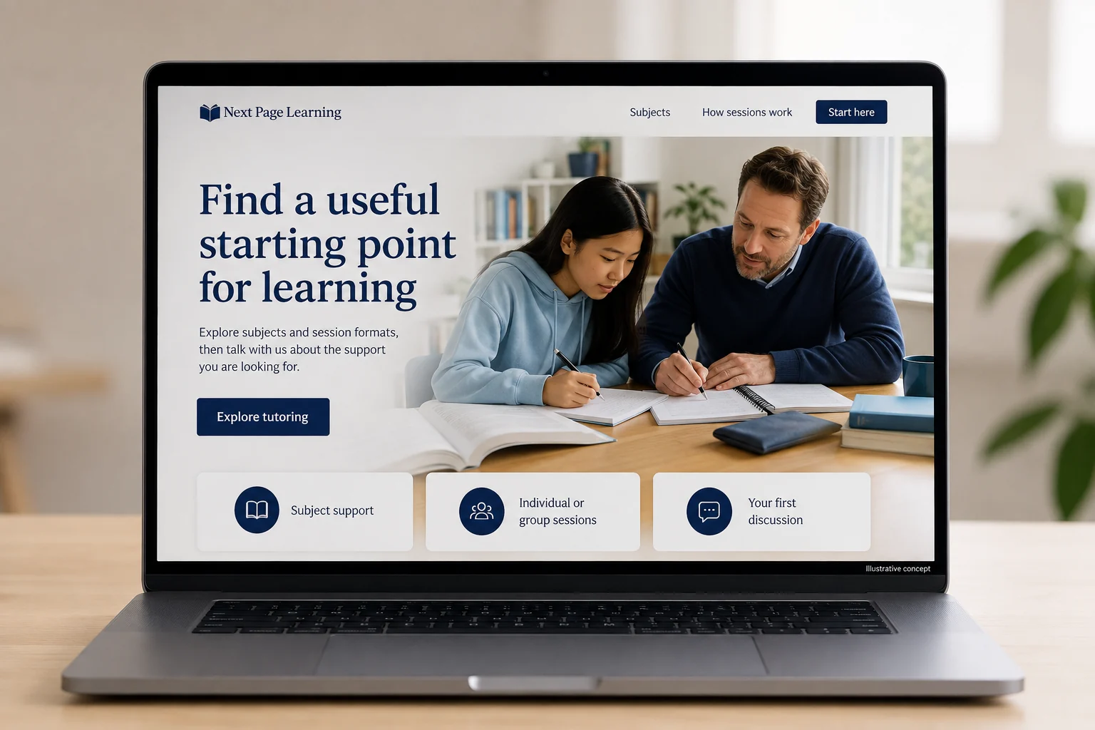Tutoring Centers website concept for Next Page Learning: Find a useful starting point for learning