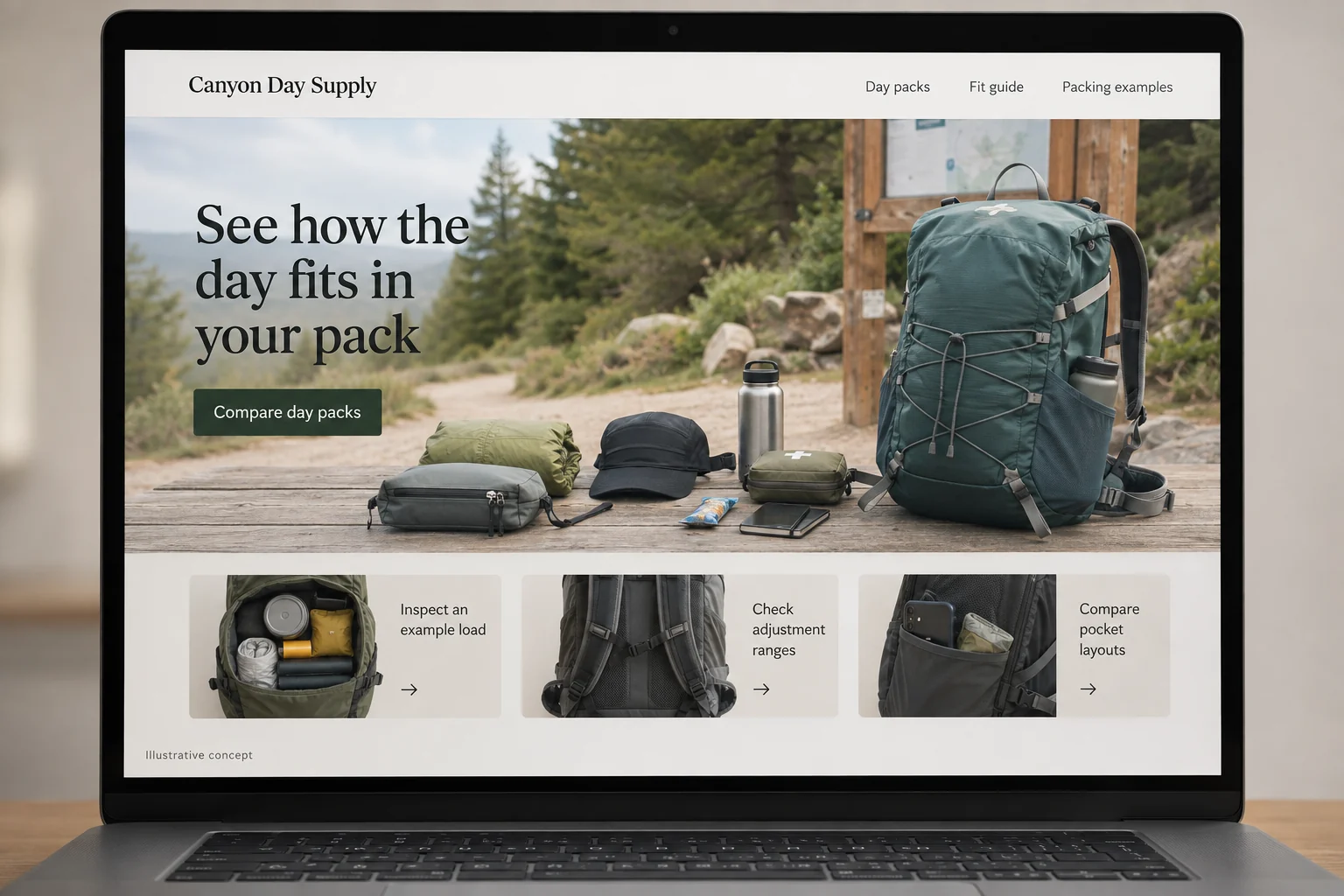 Utah website concept for Canyon Day Supply: See how the day fits in your pack