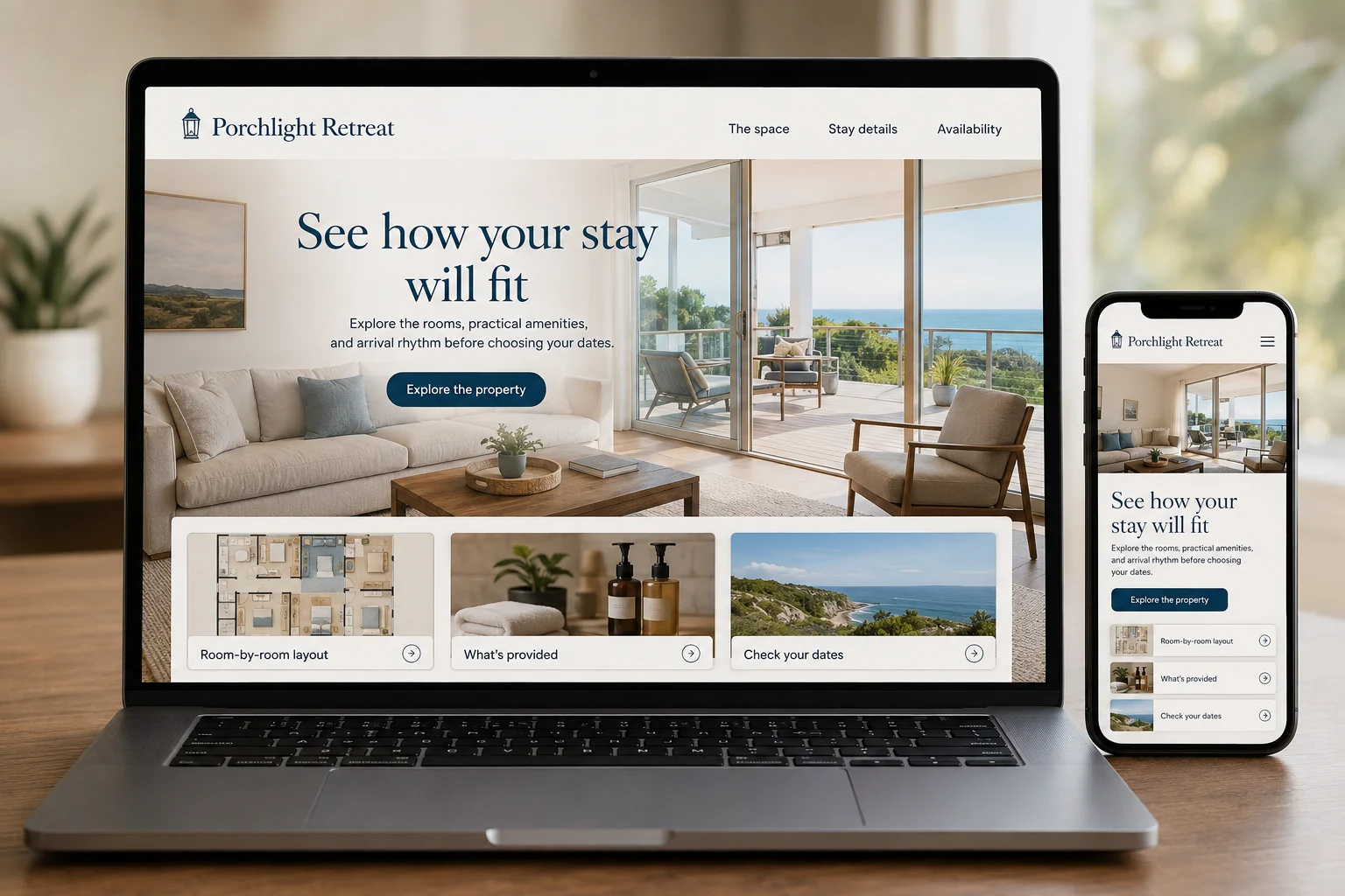 Vacation Rental Hosts website concept for Porchlight Retreat: See how your stay will fit