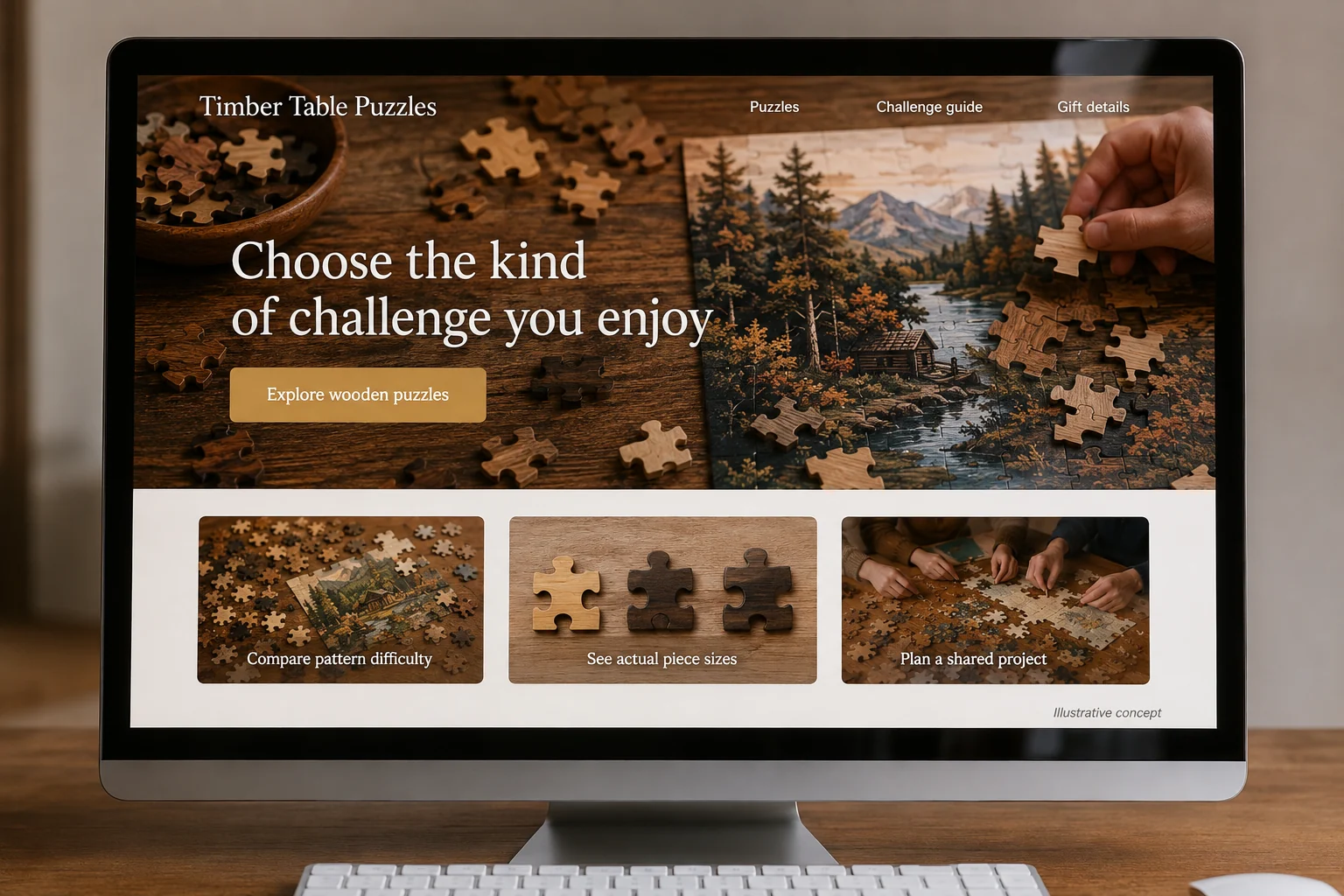 Vermont website concept for Timber Table Puzzles: Choose the kind of challenge you enjoy