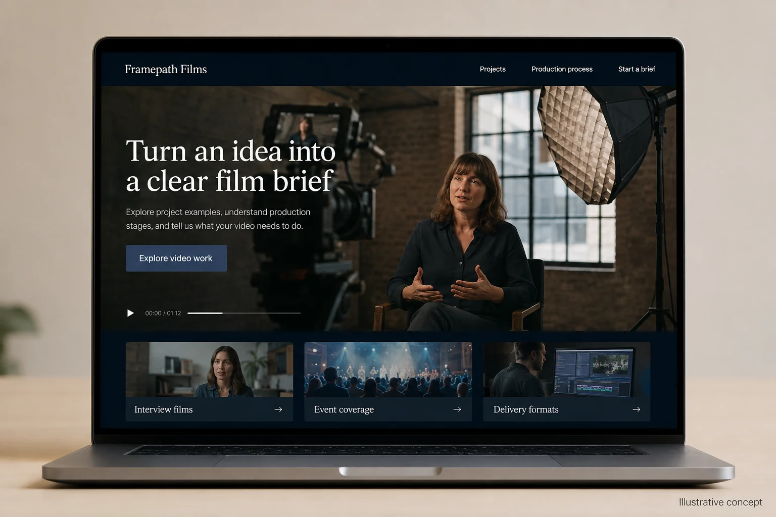 Videographers website concept for Framepath Films: Turn an idea into a clear film brief