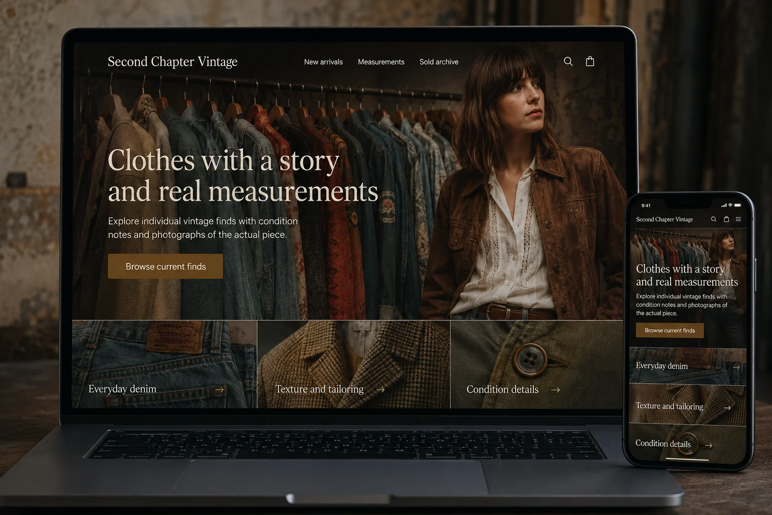 Vintage Clothing Stores website concept for Second Chapter Vintage: Clothes with a story and real measurements