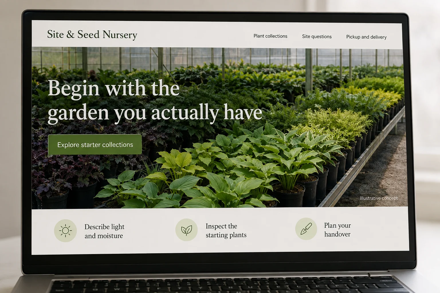 Virginia website concept for Site & Seed Nursery: Begin with the garden you actually have