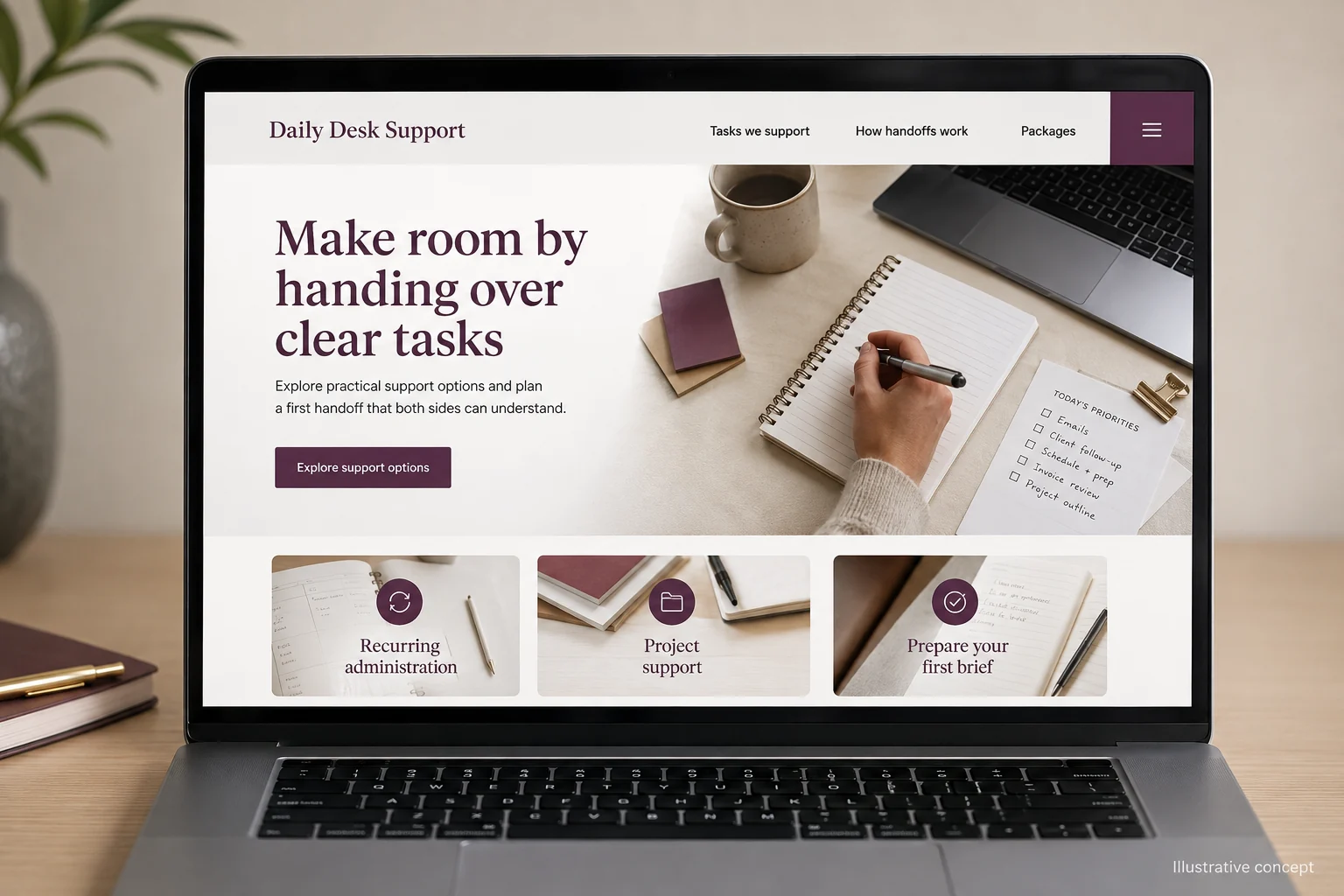 Virtual Assistants website concept for Daily Desk Support: Make room by handing over clear tasks