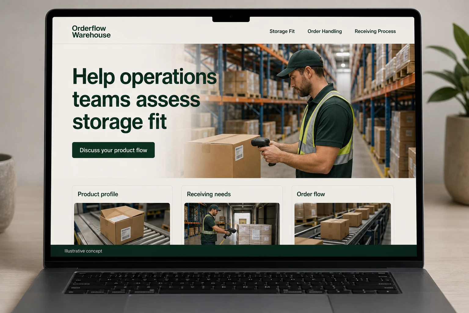 Warehousing website concept for Orderflow Warehouse: Help operations teams assess storage fit