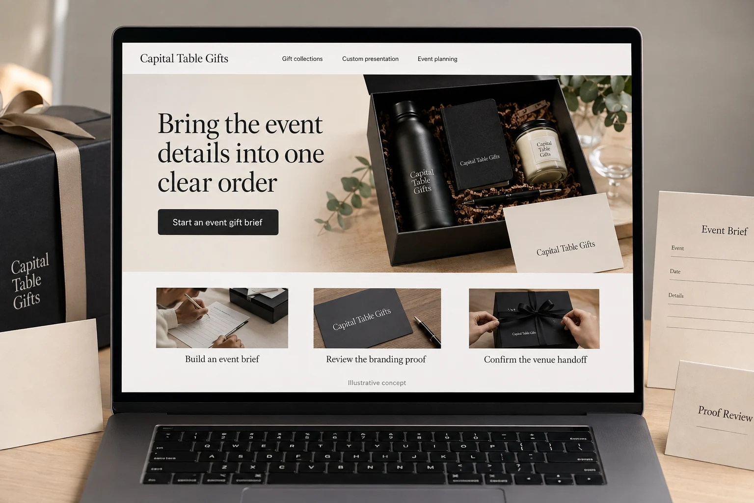 Washington DC website concept for Capital Table Gifts: Bring the event details into one clear order