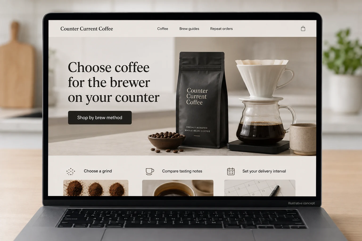 Washington website concept for Counter Current Coffee: Choose coffee for the brewer on your counter
