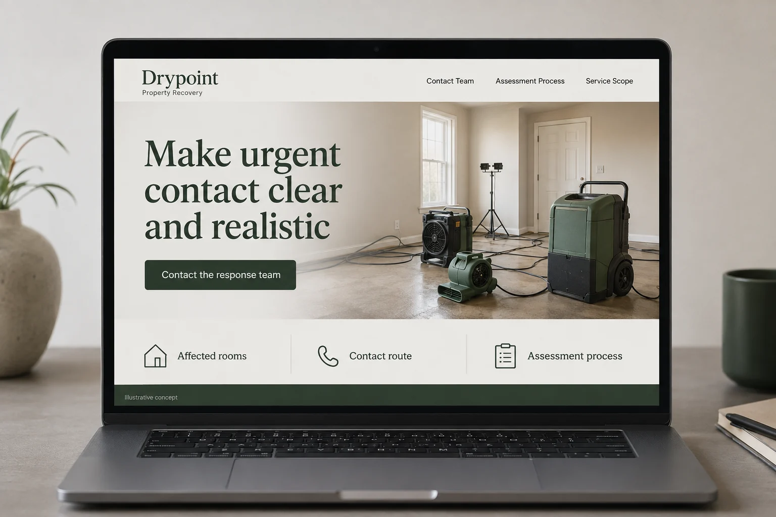 Water Damage Restoration website concept for Drypoint Property Recovery: Make urgent contact clear and realistic