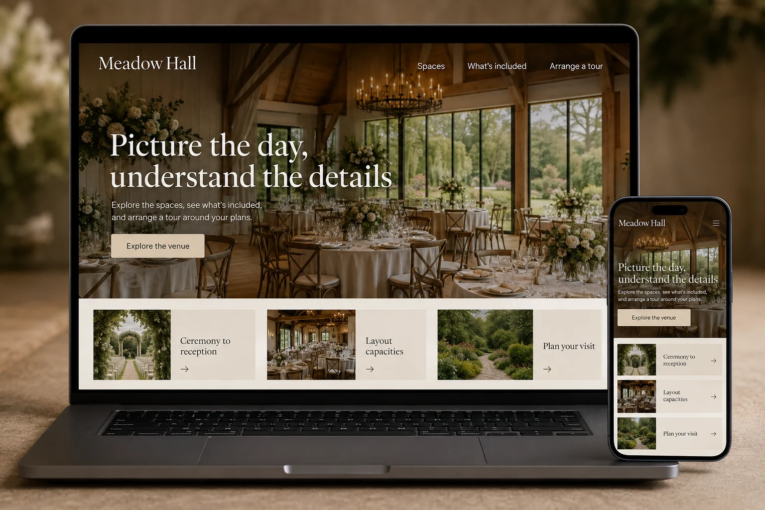 Wedding Venues website concept for Meadow Hall: Picture the day, understand the details
