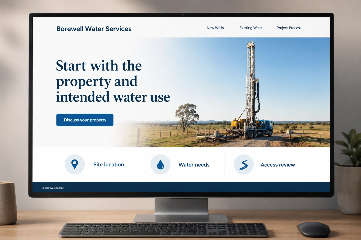 Well Drilling website concept for Borewell Water Services: Start with the property and intended water use