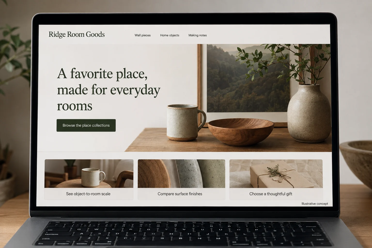 West Virginia website concept for Ridge Room Goods: A favorite place, made for everyday rooms