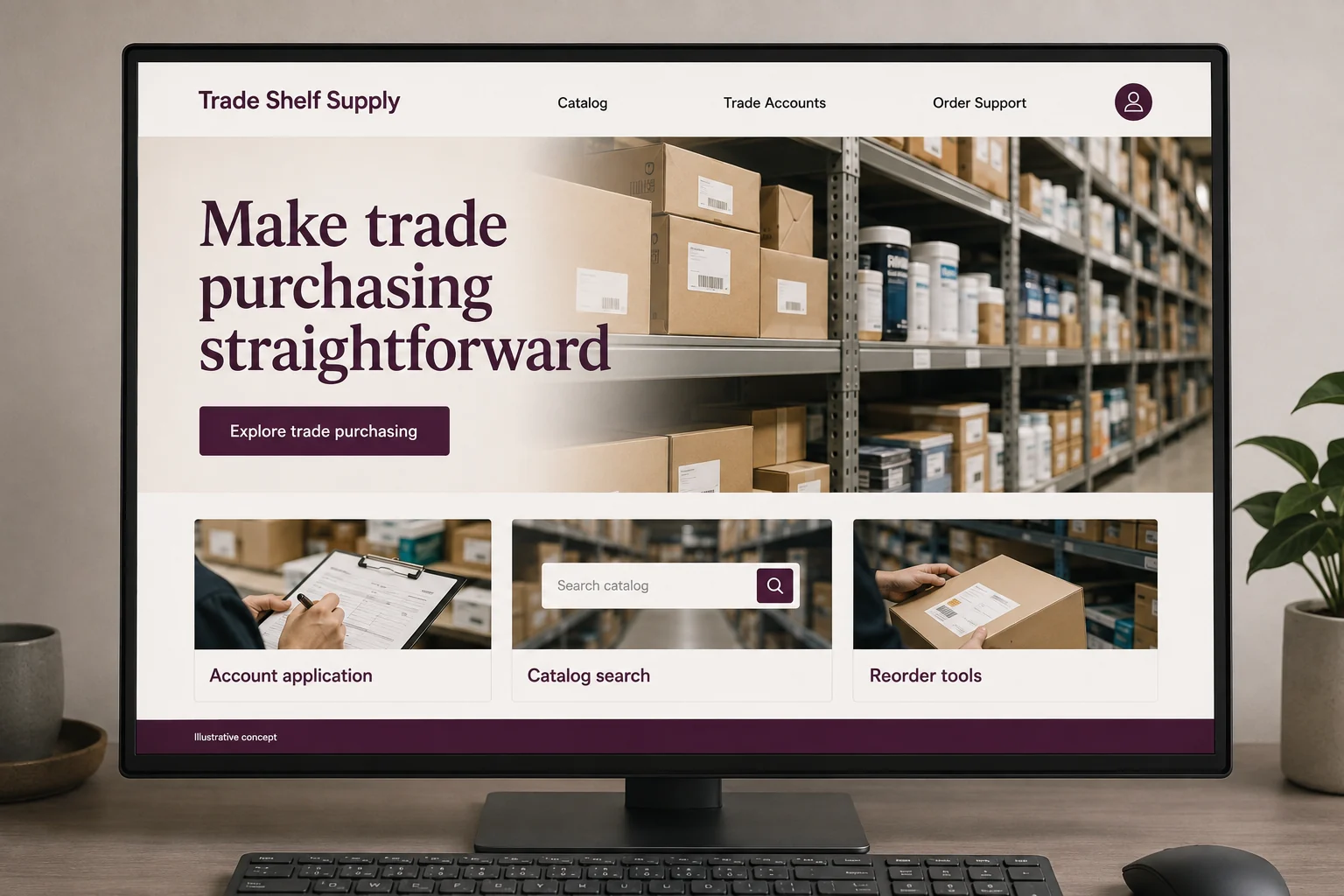 Wholesale Distributors website concept for Trade Shelf Supply: Make trade purchasing straightforward