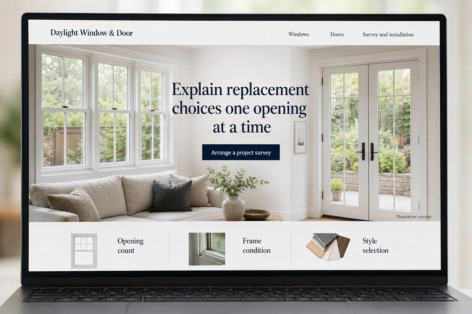Window and Door Installers website concept for Daylight Window & Door: Explain replacement choices one opening at a time